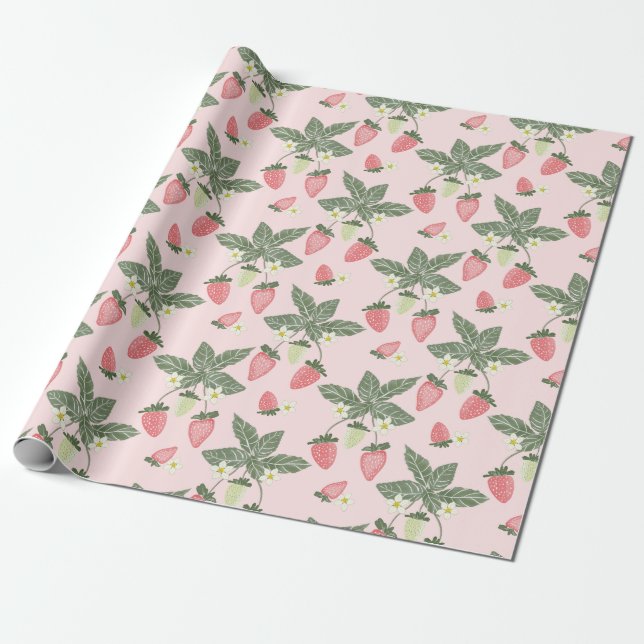 Papier Cadeau Feuilles de fraises papier d'emballage rose et ver (Déroulé)