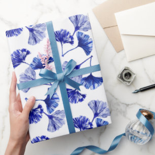 Papier Cadeau Feuilles de gingko bleu et blanc