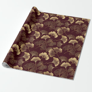 Papier Cadeau Feuilles de Ginkgo dorées sur élégante botanique r