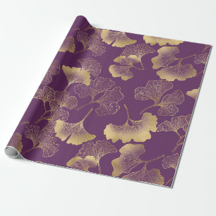 Papier Cadeau Feuilles de Ginkgo en Or Luxueux sur Fond Violet F