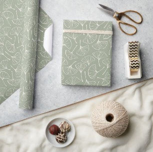 Papier Cadeau Feuilles de Ginkgo Japandi Neutre Botanique Vert S