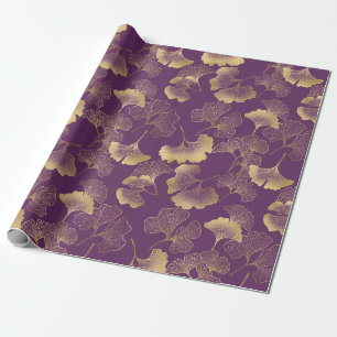 Papier Cadeau Feuilles de Ginkgo Or Violet Élégant Botanique