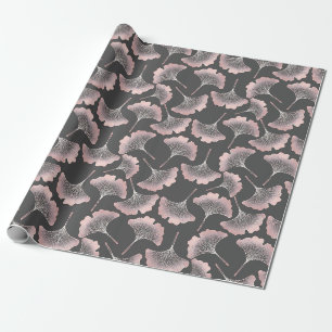 Papier Cadeau Feuilles de Ginkgo Roses Élégantes sur Fond Noir