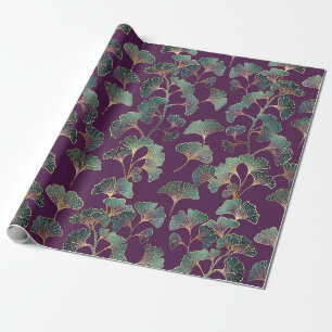 Papier Cadeau Feuilles de Ginkgo Tael de Luxe sur Fond Violet Fo