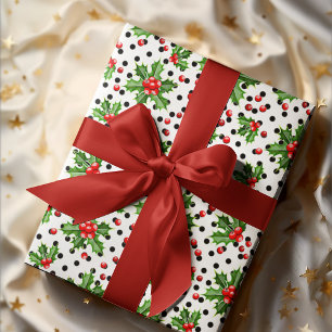 Papier Cadeau Feuilles de houx vertes et baies rouges de la sais