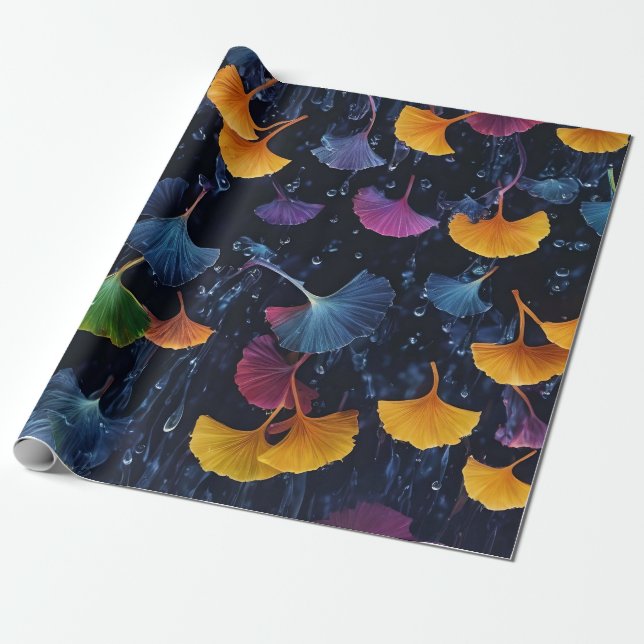 Papier Cadeau Feuilles de luminogramme coloré Ginkgo (Déroulé)