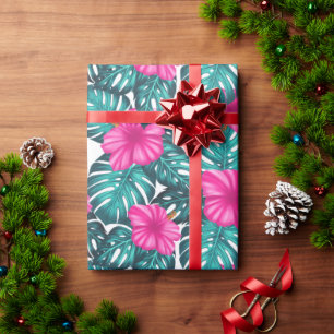 Papier Cadeau Feuilles de Monstera et Hibiscus, rose Turquoise s