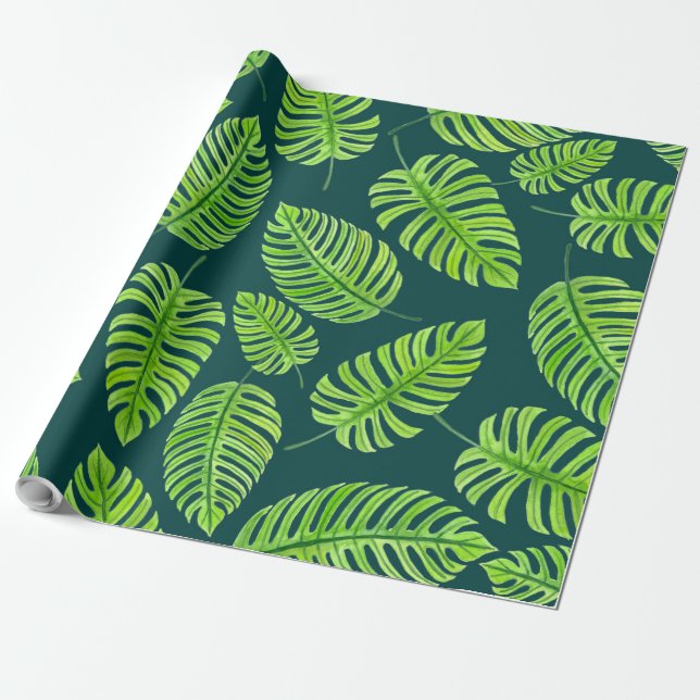 Papier Cadeau Feuilles de Monstera, motif d'aquarelle tropicale (Déroulé)
