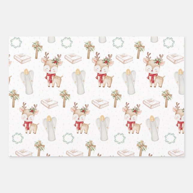 Papier cadeau feuilles de Noël chrétien Renne (Devant)
