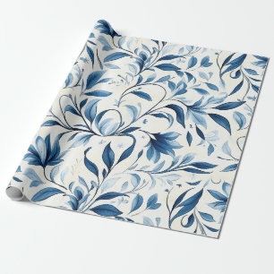 Papier Cadeau Feuilles de paisley bleu élégant - Fond blanc