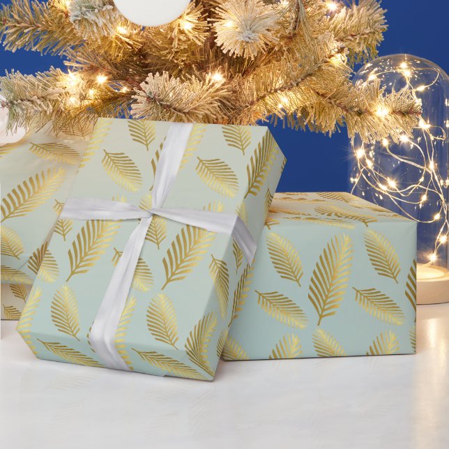Papier Cadeau Feuilles de palmier dorées et nuances de bleu (Vacances)