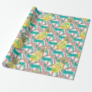 Papier Cadeau Feuilles de palmier multicolores tropicales ananas