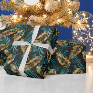 Papier Cadeau Feuilles de palmier sarcelle dorée   Motif tropica