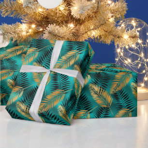 Papier Cadeau Feuilles de palmier sarcelle dorée   Motif tropica