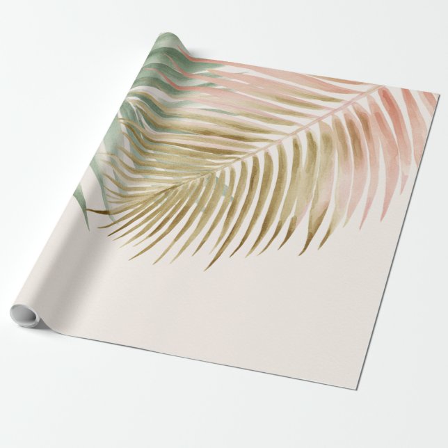 Papier Cadeau Feuilles de palmier tropicales rose pastel vert bl (Déroulé)