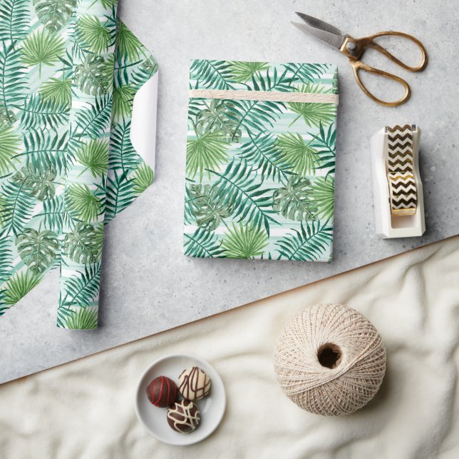Papier Cadeau Feuilles de palmier vert tropical chic rétro (Artisanat)