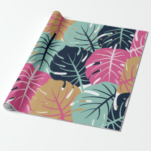 Papier Cadeau Feuilles de Palmiers Tropicaux en Rose et Bleu  