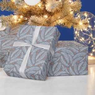 Papier Cadeau Feuilles de pin de Noël bleu foncé