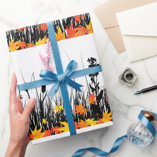 Papier Cadeau Feuilles d'érable d'automne et silhouette d'herbe 