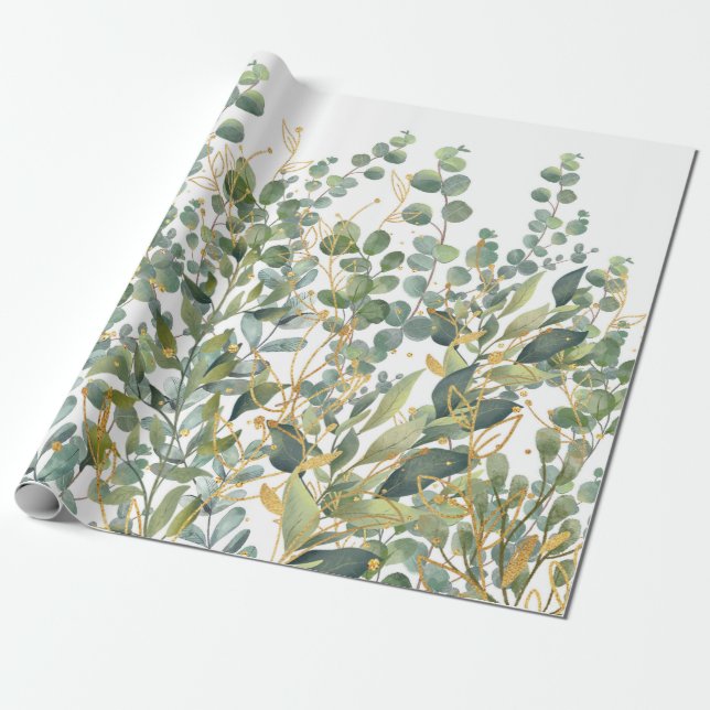 Papier Cadeau Feuilles D'Eucalyptus Botanique Or Et Vert (Déroulé)