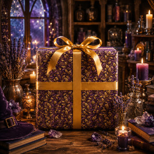 Papier Cadeau Feuilles d'Or Luxueuses Damassé Violet Orné de Pru