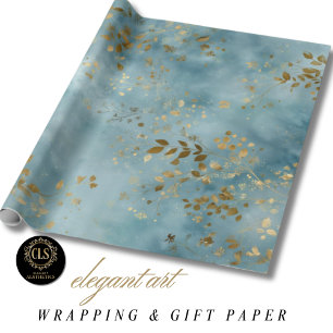 Papier Cadeau Feuilles dorées botaniques motif nature sarcelle