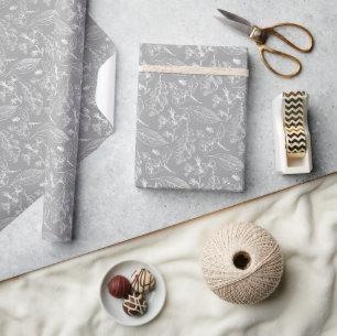 Papier Cadeau Feuilles écru ivoire motif d'art floral sur gris c