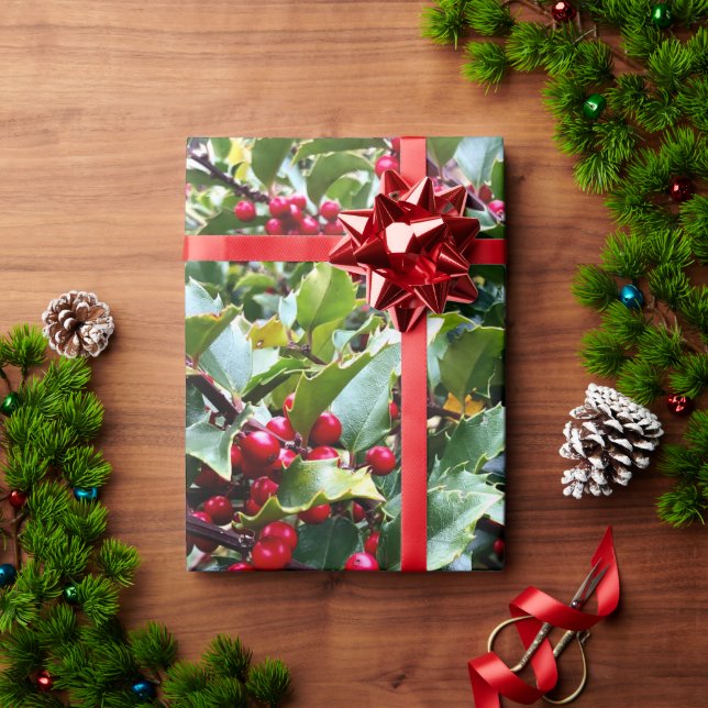 Papier Cadeau Feuilles et baies de houx (Cadeau de vacances)