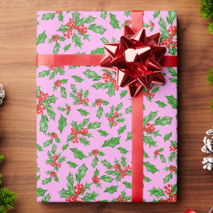 Papier Cadeau Feuilles et baies de houx de Noël rouge et vert