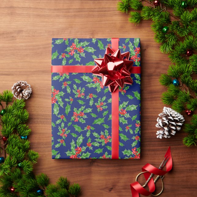Papier Cadeau Feuilles et baies de Noël rouges et verts (Cadeau de vacances)