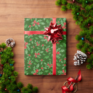 Papier Cadeau Feuilles et baies de Noël rouges et verts