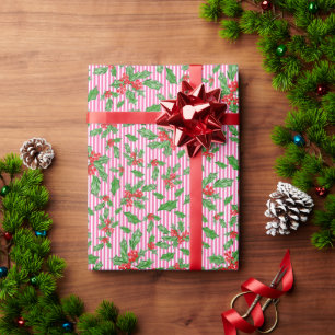 Papier Cadeau Feuilles et baies de Noël rouges et verts