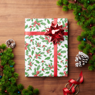 Papier Cadeau Feuilles et baies de Noël rouges et verts