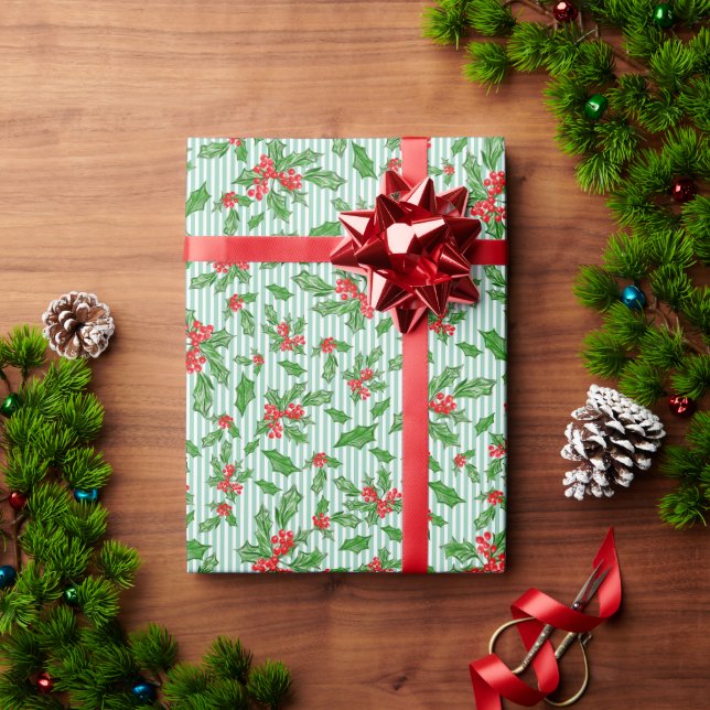 Papier Cadeau Feuilles et baies de Noël rouges et verts (Cadeau de vacances)