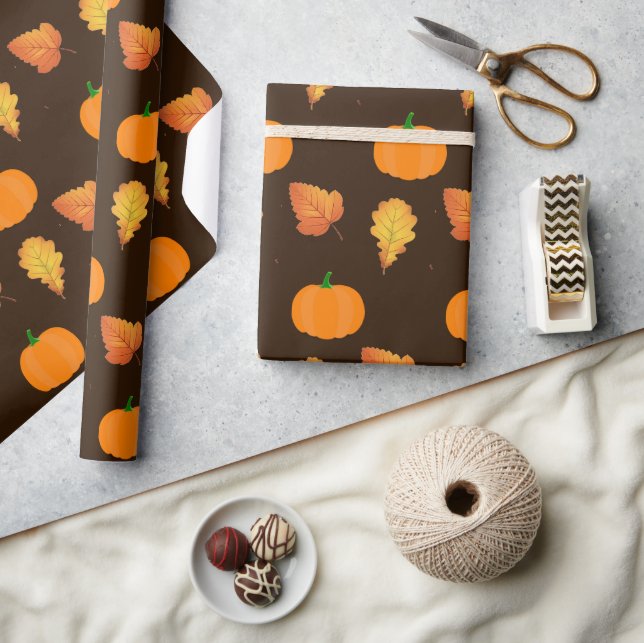 Papier Cadeau Feuilles et Citrouilles d'automne orange sur l'art (Artisanat)