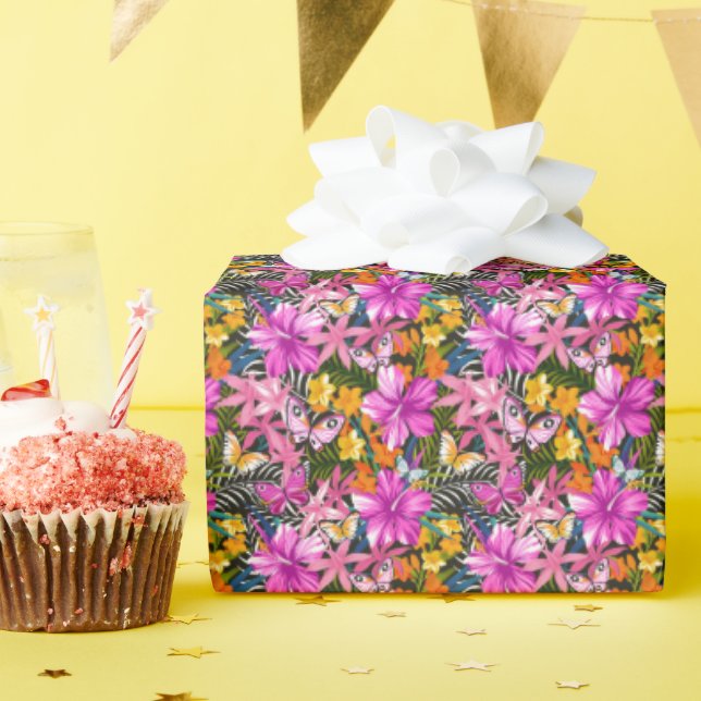 Papier Cadeau Feuilles et fleurs tropicaux (Fête d'anniversaire)