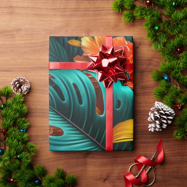 Papier Cadeau Feuilles et fleurs tropicaux colorés et élégants | (Cadeau de vacances)