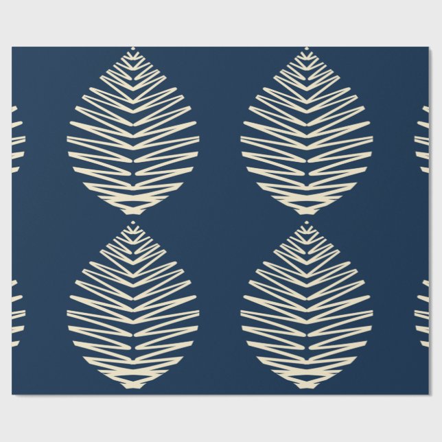 Papier Cadeau Feuilles Géométriques | Bleu Marine & Beige (Plat)