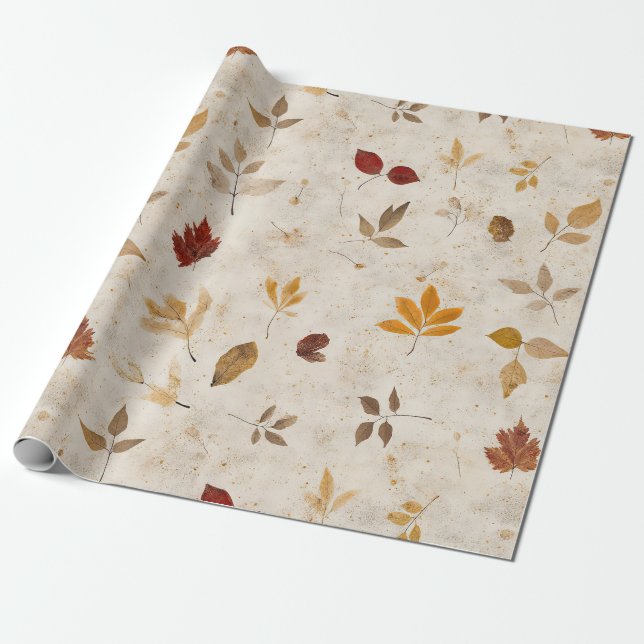 Papier Cadeau Feuilles Jaune Brun Rustiques avec une Atmosphère  (Déroulé)