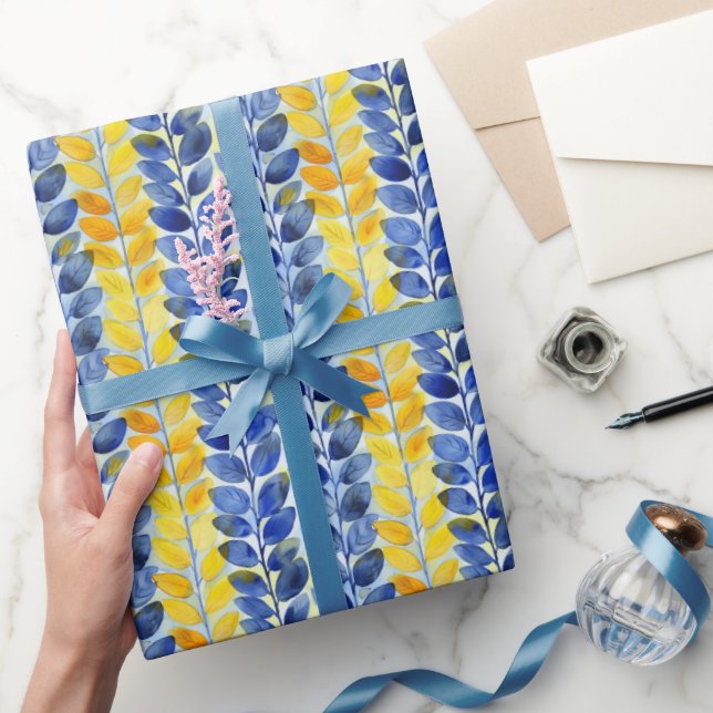 Papier Cadeau Feuilles jaune et bleu (Cadeaux)