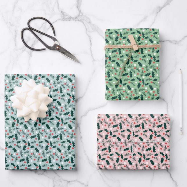 Papier cadeau feuilles Joyeux jours de houx (Recto)