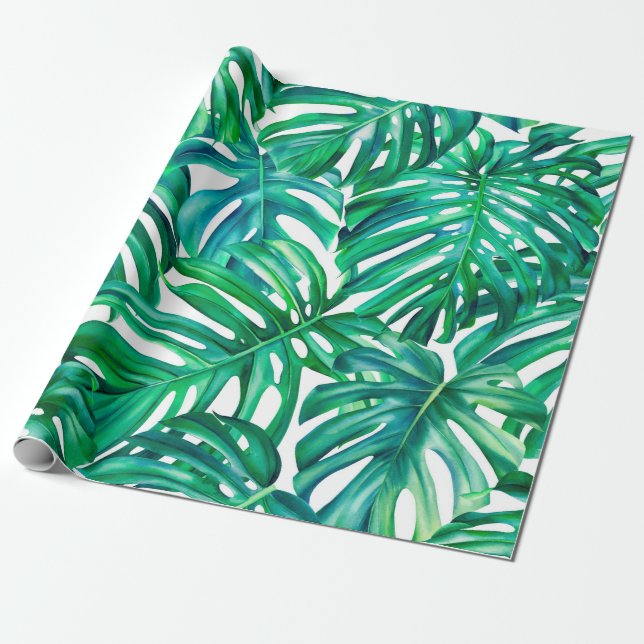 Papier Cadeau Feuilles Monstera sur arrière - plan isolé, aquare (Déroulé)