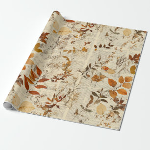 Papier Cadeau Feuilles Rustiques Brun Doré - Texture Automnale V