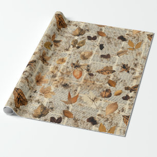 Papier Cadeau Feuilles rustiques d'automne sur un journal vintag