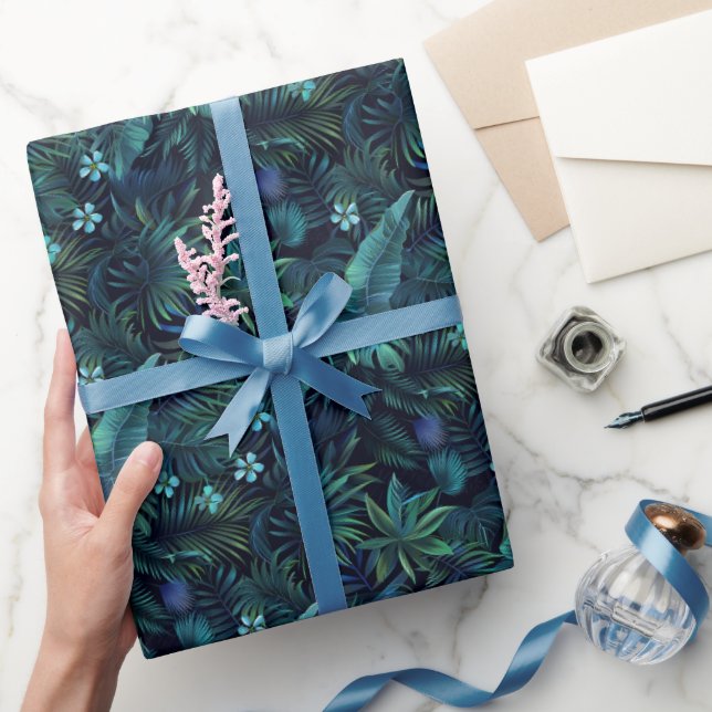 Papier Cadeau Feuilles Tropicales Fleurs Bleues (Cadeaux)
