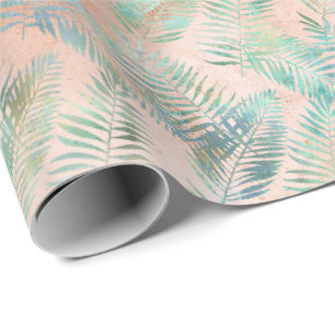Papier Cadeau Feuilles tropicales vert aqua pêche