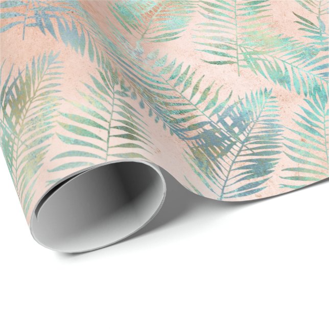 Papier Cadeau Feuilles tropicales vert aqua pêche (Coin rond)