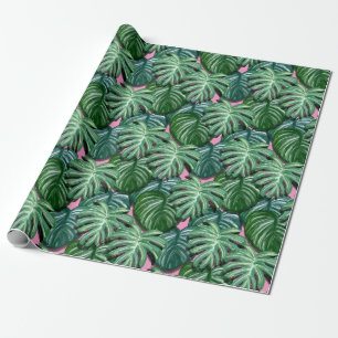 Papier Cadeau Feuilles Tropicales Vertes et Roses