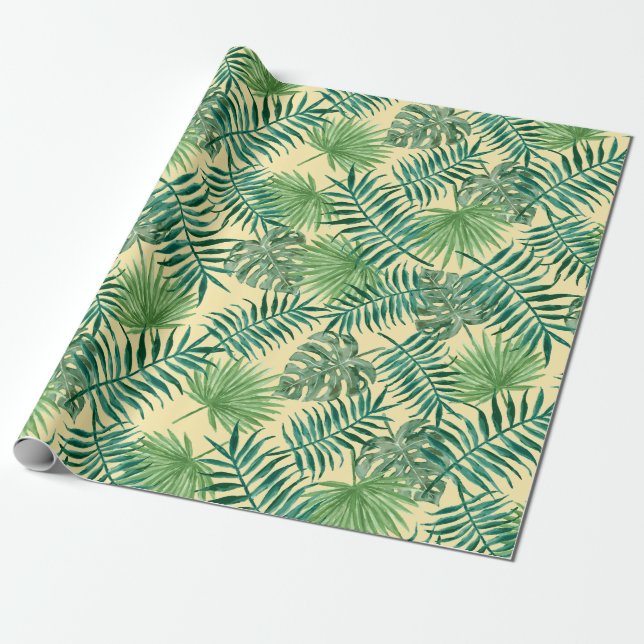 Papier Cadeau Feuilles Tropicales Vertes Vacances (Déroulé)