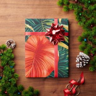 Papier Cadeau Feuilles tropicaux colorés et fleurs d'Hibiscus  